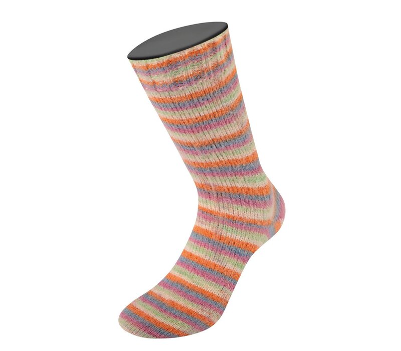 Cosy Socks Multi Stripes 154 - Donkergrijs/Grijsblauw/Fuchsia/Lichtgroen/Crème/Oranje