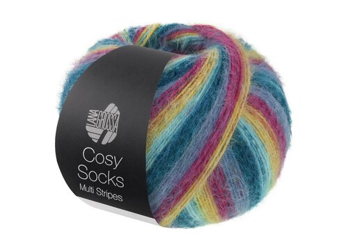 Lana Grossa Cosy Socks Multi Stripes 155 - Donker petrol/licht turkoois/geel/orchidee/grijsviolet