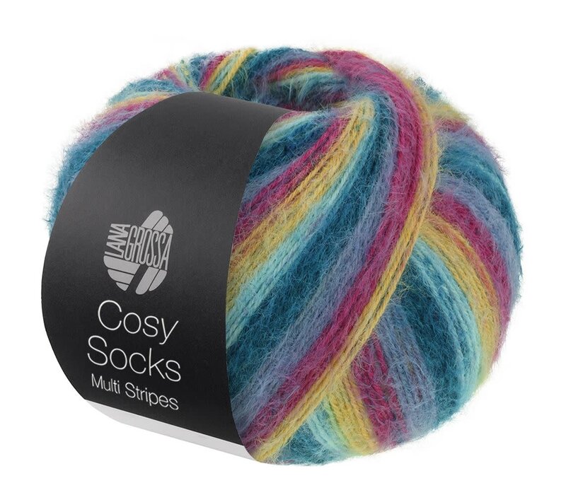 Cosy Socks Multi Stripes 155 - Donker petrol/licht turkoois/geel/orchidee/grijsviolet