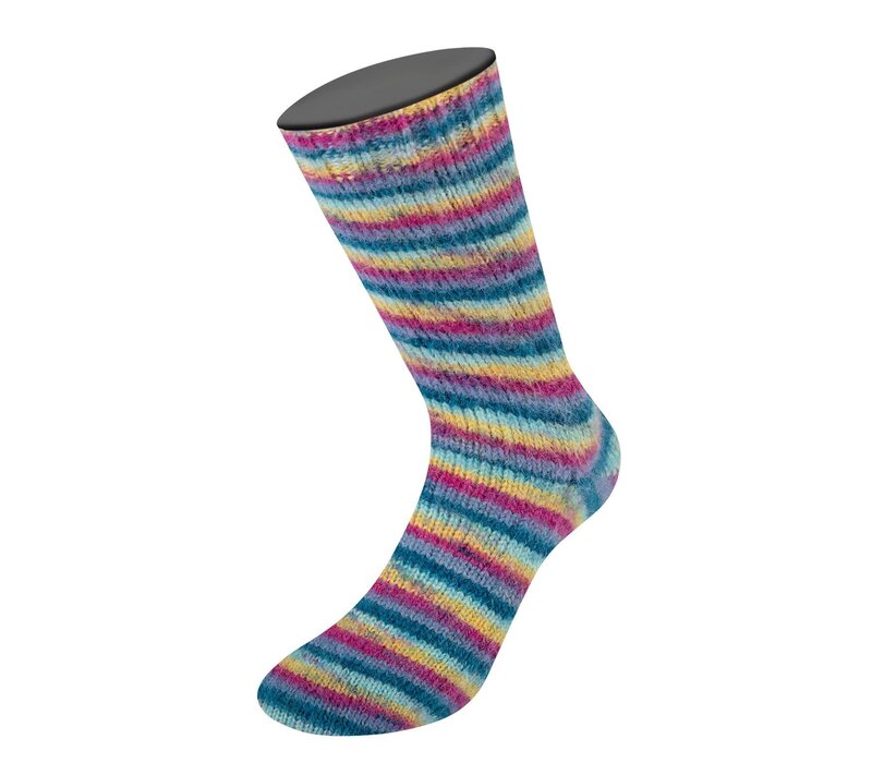 Cosy Socks Multi Stripes 155 - Donker petrol/licht turkoois/geel/orchidee/grijsviolet