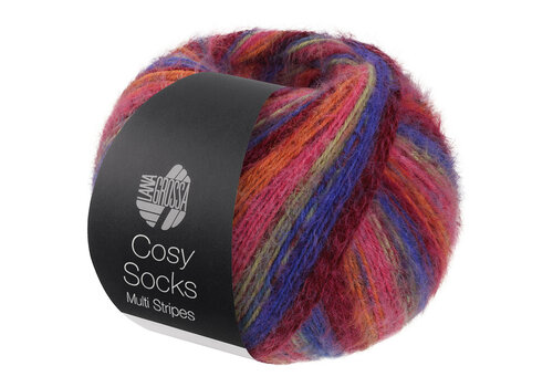 Lana Grossa Cosy Socks Multi Stripes 156 - Blauwviolet/Wijnrood/Pompoen/Roze/Grijsgroen