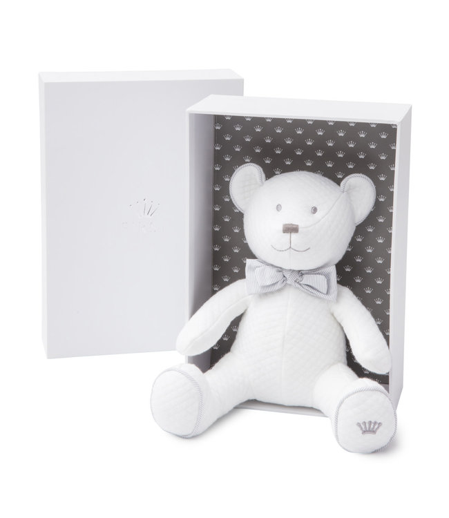 First First - Endless Grey - Muzikale beer in wit gewafeld jersey, afgewerkt met grijs gestreepte details. (Incl. geschenkdoos)