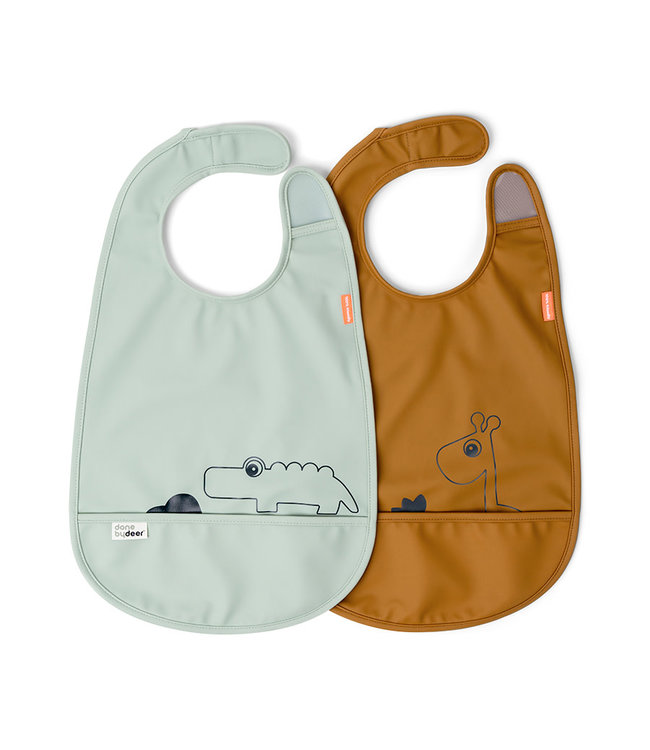 Done by Deer Done by Deer - Bib w/velcro 2-pack, Deer friends, Mustard/Grey
