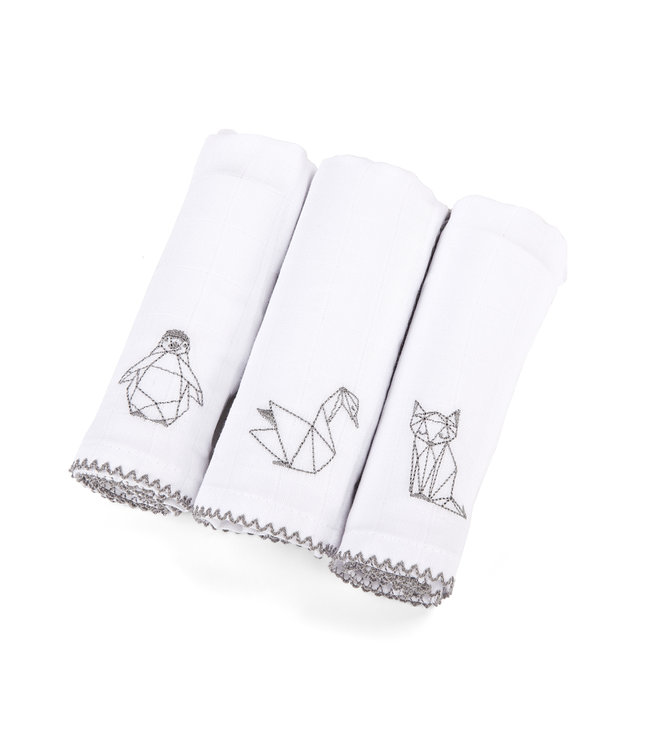 Poetree Kids Poetree Kids - Tetra doekjes wit met origami borduur 60x60cm (3 stuks in doosje)