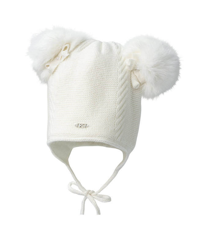 First First - Endless Grey - Ecru gevoerde babymuts in wool & cashmere met 2 ponpons & strikje.