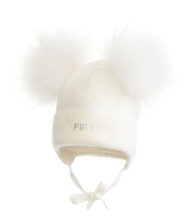 First First - Endless Grey - Ecru gevoerde babymuts in wool & cashmere met omslag & fijn streepje in lurex & 2 ponpons in bont, gevoerd met katoen.