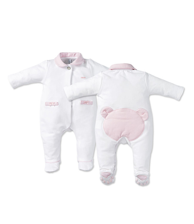 First First - Pretty Pink - Combi in witte jersey met rose teddybeerkopje op de rugzijde, geborduurde berevoetjes met witte details