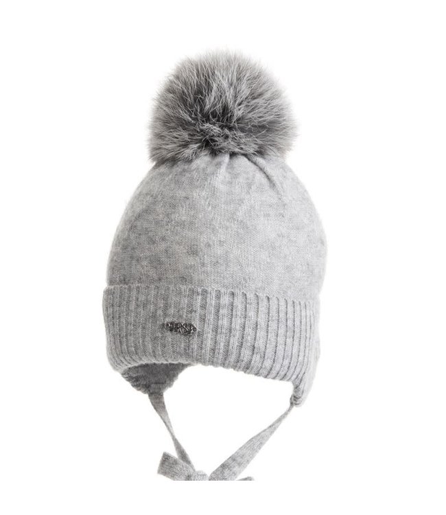 First First - Endless Grey - Grijze gevoerde babymuts in wool & cashmere in jacquard met omslag, gevoerd met katoen. Ponpon in bont.