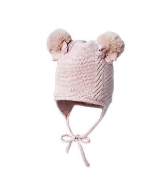 First First - Pretty Pink - blush pink gevoerde babymuts in wool & cashmere & lurex met 2 ponpons & strikje.