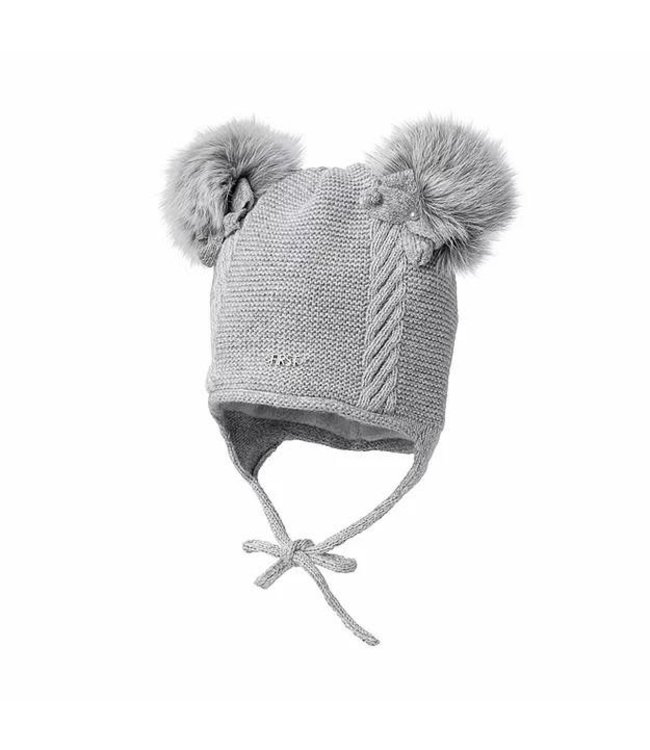 First First - Muts Gebreid Grijs met  linten-2 Strikjes en 2 Pomponnen