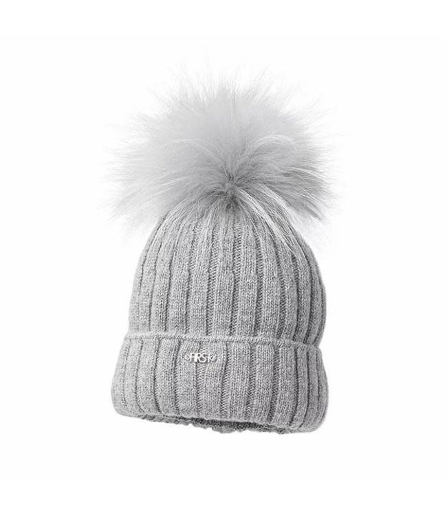 First First - Muts Gebreid Grijs met Bonten Pompon