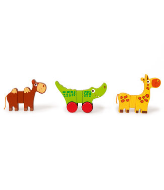 Scratch Scratch - Preschool: 3 magnetische SAFARIDIEREN op WIELEN 14x2x11cm, met kameel, krokodil en giraf en een paar wielen, in doos, 18m+