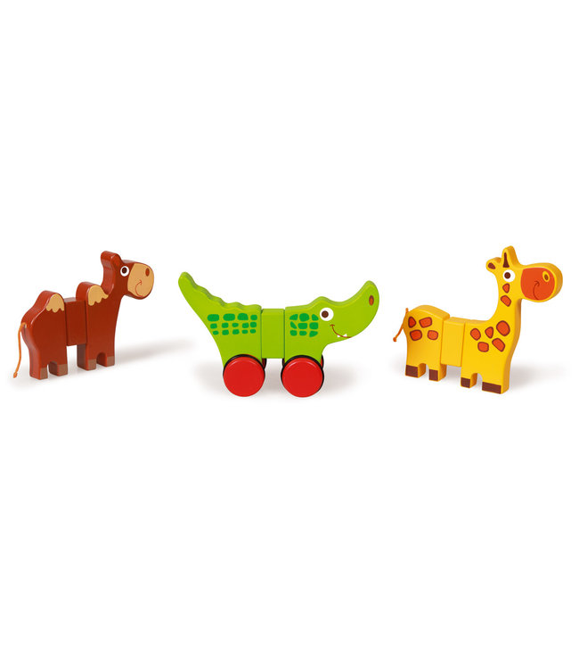 Scratch Scratch - Preschool: 3 magnetische SAFARIDIEREN op WIELEN 14x2x11cm, met kameel, krokodil en giraf en een paar wielen, in doos, 18m+