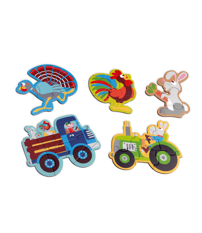 Scratch Scratch - Puzzel: BEGINNERSPUZZELS - BOERDERIJ ca. 13-19cm, met 5 puzzles 3-4-5-6-8 stuks, in karton, in doos diam.18xH12cm, 2+