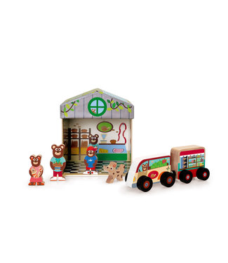 Scratch Scratch - Mix+Play: SPEELDOOS WINKEL 2-in-1 15.5x15.5x17cm, bevat een auto met aanhangwagen, een hond en een berenfamilie (3 stuks), in karton en hout, in opbergdoos, 2+