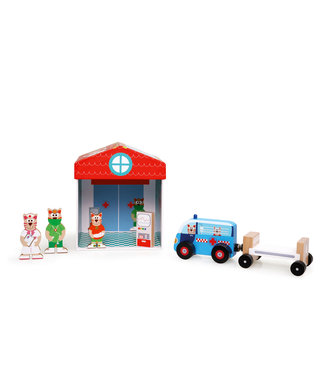 Scratch Scratch - Mix+Play: SPEELDOOS ZIEKENHUIS 2-in-1 15.5x15.5x17cm, bevat een ziekenwagen met een bed en 3 kattenfiguurtjes, in karton en hout, in opbergdoos, 2+