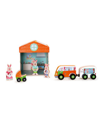 Scratch Scratch - Mix+Play: SPEELDOOS HUIS 2-in-1 15.5x15.5x17cm, bevat een auto met caravan, een kinderwagen en een konijnenfamilie (3 stuks), in karton en hout, in opbergdoos, 2+