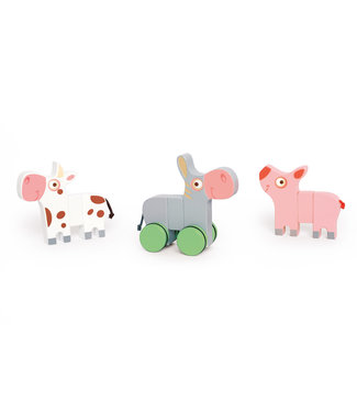 Scratch Scratch - Preschool: 3 magnetische BOERDERIJDIEREN op WIELEN 14x2x11cm, met varken, koe en ezel en een paar wielen, in doos, 18m+