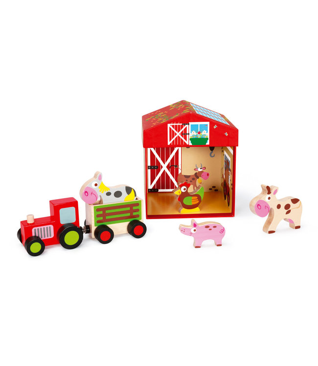 Scratch Scratch - Mix+Play: SPEELDOOS BOERDERIJ 2-in-1 15.5x15.5x17cm, bevat een tractor met aanhangwagen en 4 boerderijdieren, in karton en hout, in opbergdoos, 2+
