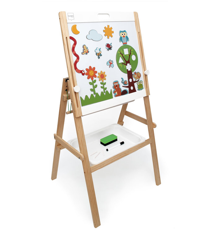 Scratch Scratch - Preschool: SCHOOLBORD 65x50xH87-120cm, 2-zijdig black-&  whiteboard (verstelbare hoogte 87-120cm), met magneten, 5m papierrol,  opbergbakje, krijtjes, 1 markeerstift en een bordveger, in hout, in doos, 3+