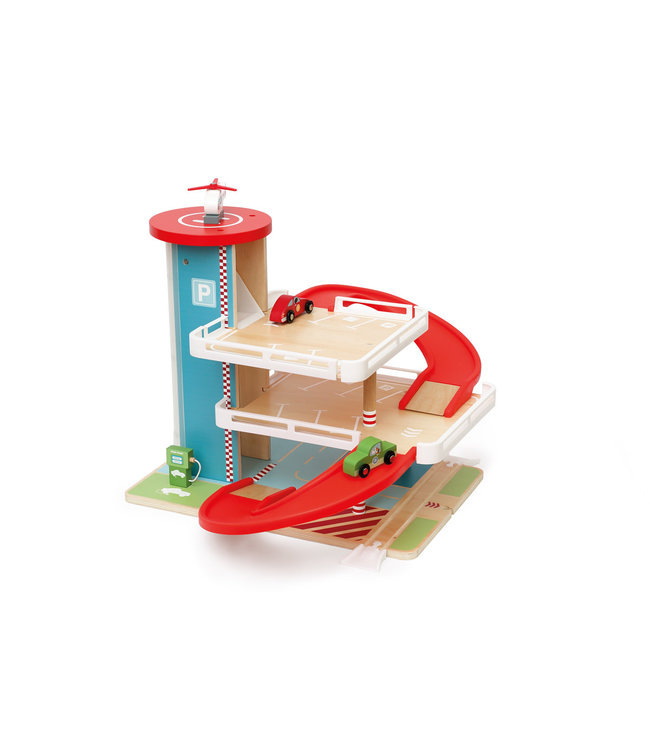 Scratch Scratch - Preschool: GARAGE CONTILOOP 45x57x39cm, met lift, incl. 3 benzinepompen, 2 auto's en een helikopter, in hout, in doos, 3+