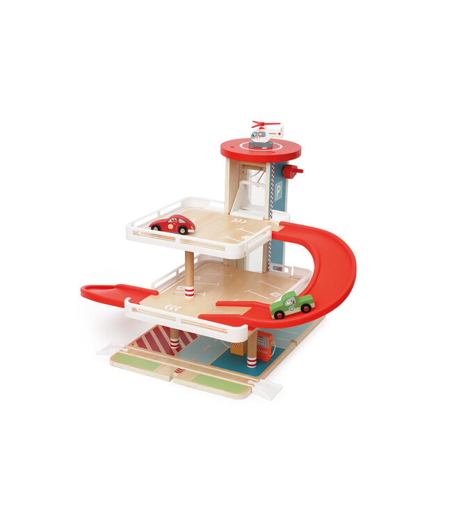 Scratch Scratch - Preschool: GARAGE CONTILOOP 45x57x39cm, met lift, incl. 3 benzinepompen, 2 auto's en een helikopter, in hout, in doos, 3+