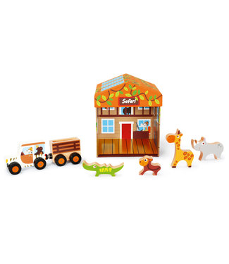 Scratch Scratch - Mix+Play: SPEELDOOS SAFARI 2-in-1 15.5x15.5x17cm, bevat een safari jeep met aanhangwagen en 4 wilde dieren, in karton en hout, in opbergdoos, 2+