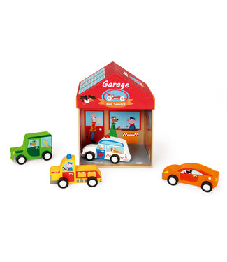 Scratch Scratch - Mix+Play: SPEELDOOS GARAGE 2-in-1 15.5x15.5x17cm, bevat 4 auto's in hout, in karton en hout, in opbergdoos, 2+