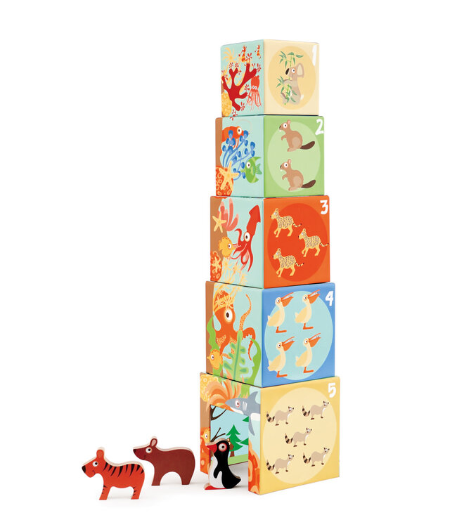 Scratch Scratch - Build&Play: STAPELTOREN Dieren van de Wereld 5 stuks 13.5x13.5xH58cm, met DIEREN, in karton en in hout, in doos 15x15x20cm, 12m+