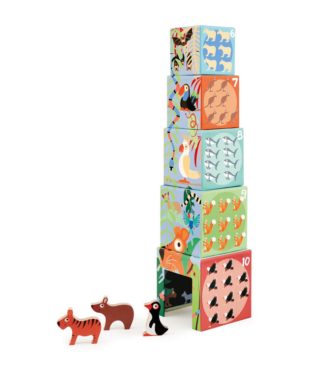 Scratch Scratch - Build&Play: STAPELTOREN Dieren van de Wereld 5 stuks 13.5x13.5xH58cm, met DIEREN, in karton en in hout, in doos 15x15x20cm, 12m+