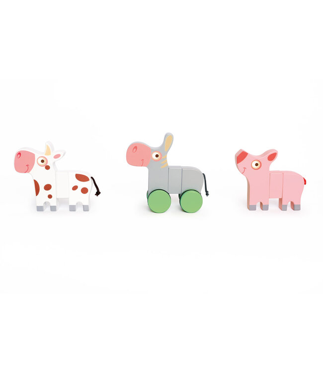 Scratch Scratch - Preschool: 3 magnetische BOERDERIJDIEREN op WIELEN 14x2x11cm, met varken, koe en ezel en een paar wielen, in doos, 18m+