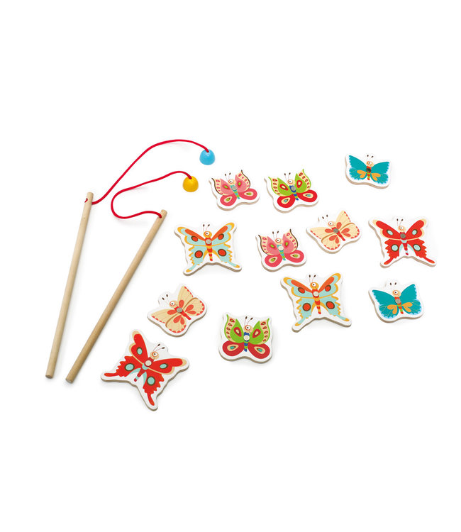 Scratch Scratch - Spel: 3-in-1 VLINDERSPEL, 12 vlinders met punten (magnetisch, in hout) en 2 hengels (magnetisch, in hout), domino spel 9.5x5cm (28-delig, in karton) en memo spel (32-delig, in karton), in vlindervormige doos, 18m+