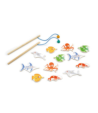 Scratch Scratch - Spel: VISSPEL Retro, 12 visjes (7.5x5x0.5cm) met punten en 2 hengels, magnetisch, in visvormige doos, 18m+