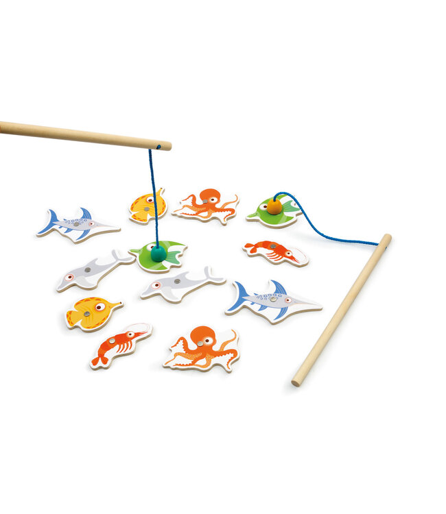 Scratch Scratch - Spel: VISSPEL Retro, 12 visjes (7.5x5x0.5cm) met punten en 2 hengels, magnetisch, in visvormige doos, 18m+