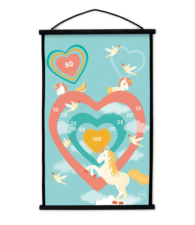 Scratch Scratch - Active Play: START TO DART Eenhoorn 38x60cm, 2-zijdig bedrukt, met 6 darts met zuignappen, in doos, 5+