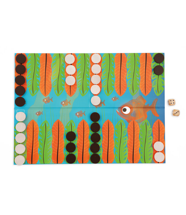 Scratch Scratch - Spel: PIRANHA RACE / JUNIOR BACKGAMMON 38x28cm, met 2x15 houten pionnen en 2 houten dobbelstenen, in vormendoos 29.5x21.5x6.5cm, 7+