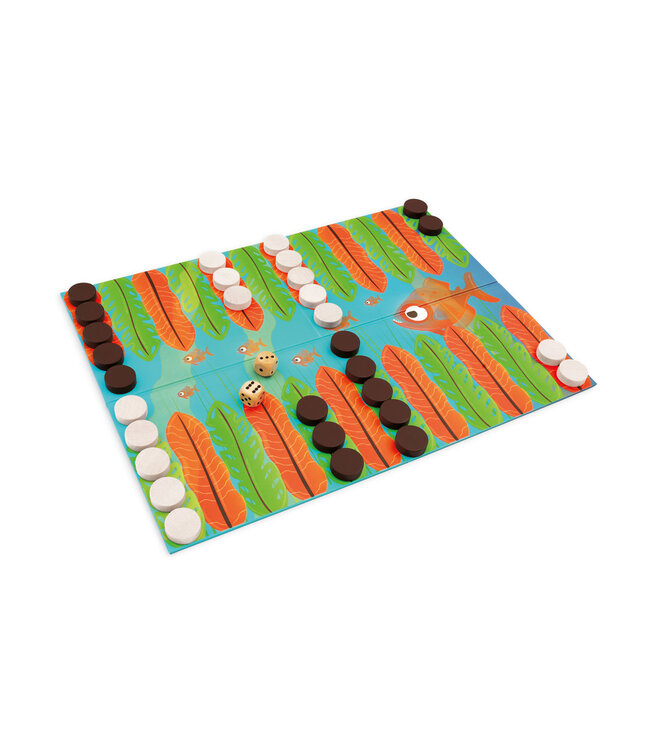 Scratch Scratch - Spel: PIRANHA RACE / JUNIOR BACKGAMMON 38x28cm, met 2x15 houten pionnen en 2 houten dobbelstenen, in vormendoos 29.5x21.5x6.5cm, 7+