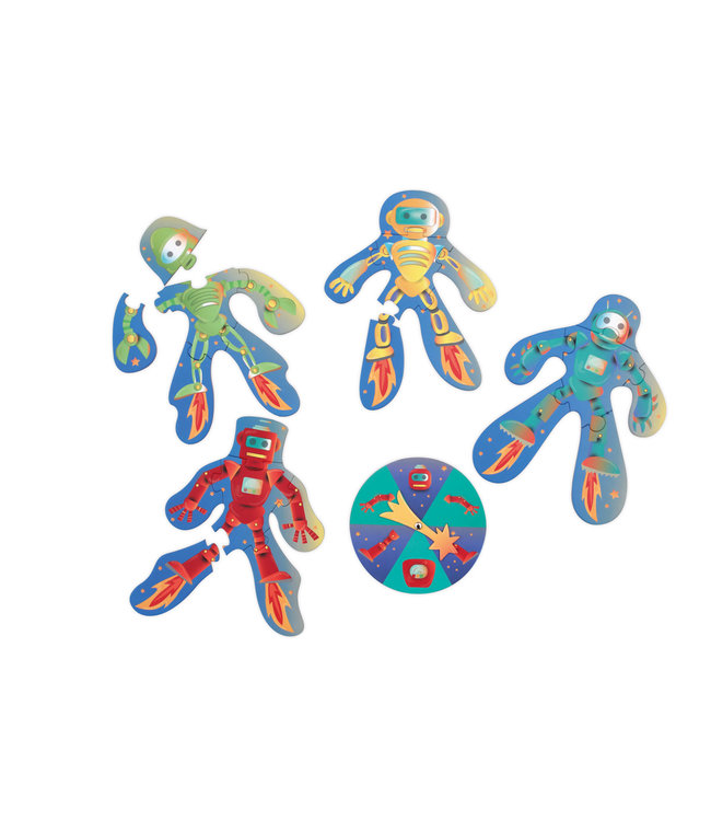 Scratch Scratch - Spel: ROBOBUILDER / PUZZELSPEL 21.7x19.3cm, met 4 verschillende puzzles (6 stuks elks) en een draaischijf diam.14.3cm, in vormendoos 16.6x29.6x6.5cm, 3+
