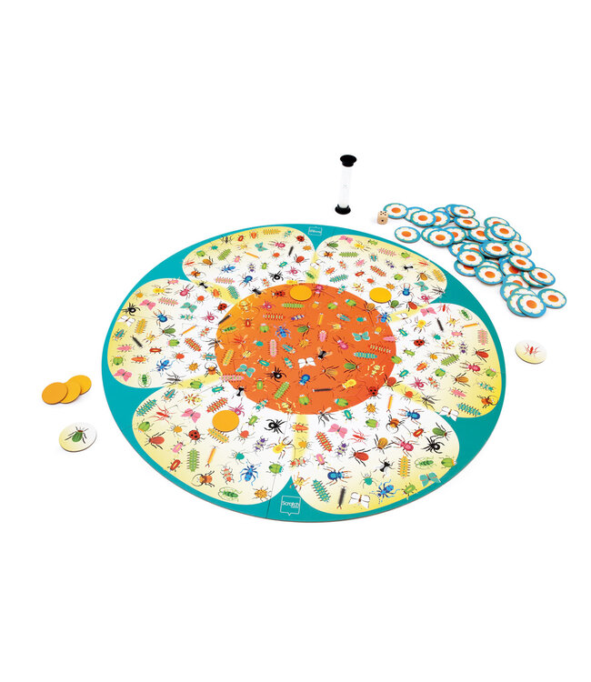 Scratch Scratch - Spel: BUGS BUZZ / ZOEKSPEL diam.50cm, met 44 papieren kaartjes en 6 afdekkaartjes, 1 houten dobbelsteen en 1 zandloper (20 sec), in vormendoos 24.6x25.7x6.5cm, 4+