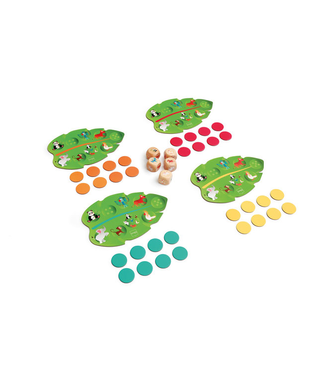 Scratch Scratch - Spel: JUNGLE YAM 18.2x12cm, met 4 speelkaarten, 32 afdekkaartjes en 5 houten dobbelstenen, in vormendoos 26.5x24.2x6.5cm, 4+