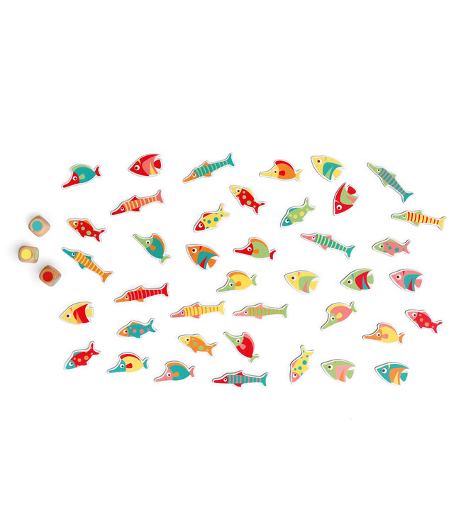 Scratch Scratch - Spel: FIND-A-FISH/KLEURENSPEL, met 40 kleurrijke visjes (8x3cm) en 3 houten dobbelstenen, in vormendoos 31x19.3x6.5cm, 3+