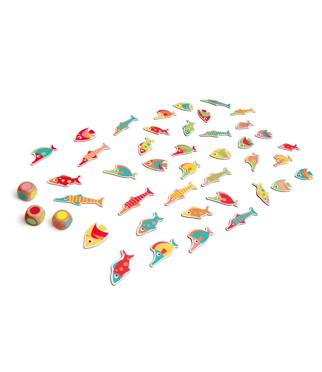 Scratch Scratch - Spel: FIND-A-FISH/KLEURENSPEL, met 40 kleurrijke visjes (8x3cm) en 3 houten dobbelstenen, in vormendoos 31x19.3x6.5cm, 3+