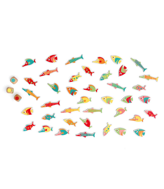 Scratch Scratch - Spel: FIND-A-FISH/KLEURENSPEL, met 40 kleurrijke visjes (8x3cm) en 3 houten dobbelstenen, in vormendoos 31x19.3x6.5cm, 3+