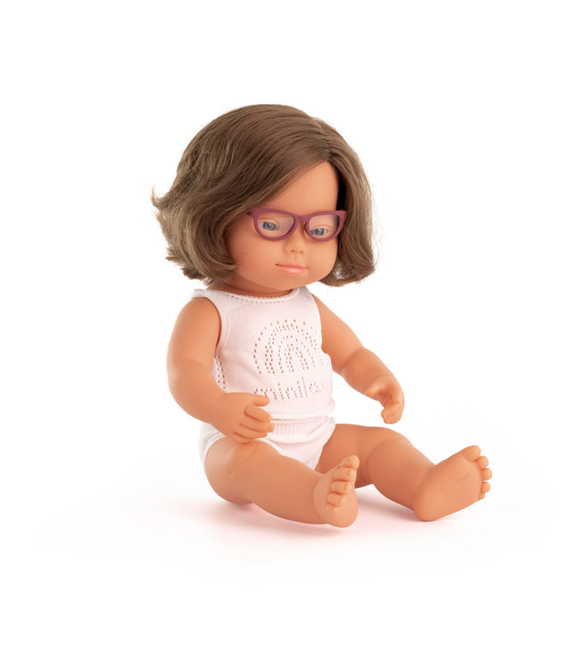 Miniland Miniland - POP EUROPEES MEISJE met DOWN SYNDROOM met BRIL 38cm, met vanillegeur, waterdicht, anatomisch correct, in vinyl, in geschenkdoos. Made i