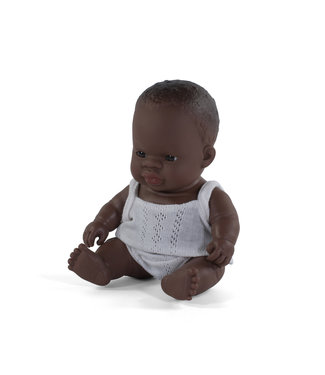 Miniland Miniland - BABYPOP AFRIKAANSE JONGEN 21cm, met vanillegeur, waterdicht, anatomisch correct, in vinyl, in geschenkdoos. Made in Spain, 10m+