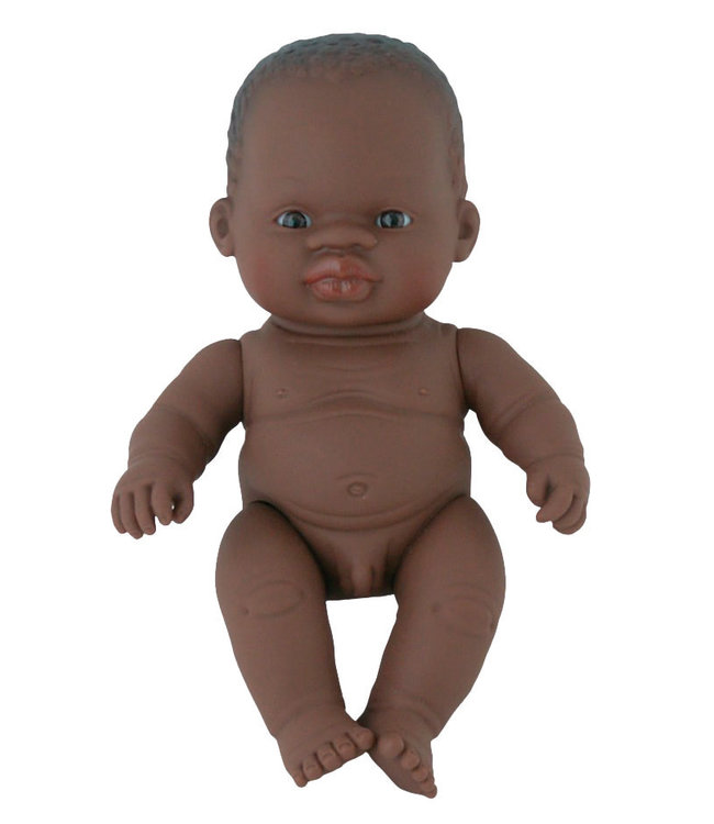 Miniland Miniland - BABYPOP AFRIKAANSE JONGEN 21cm, met vanillegeur, waterdicht, anatomisch correct, in vinyl, in geschenkdoos. Made in Spain, 10m+