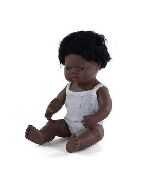Miniland Miniland - POP AFRIKAANSE JONGEN 38cm, met vanillegeur, waterdicht, anatomisch  correct, in vinyl, in geschenkdoos. Made in Spain, 10m+
