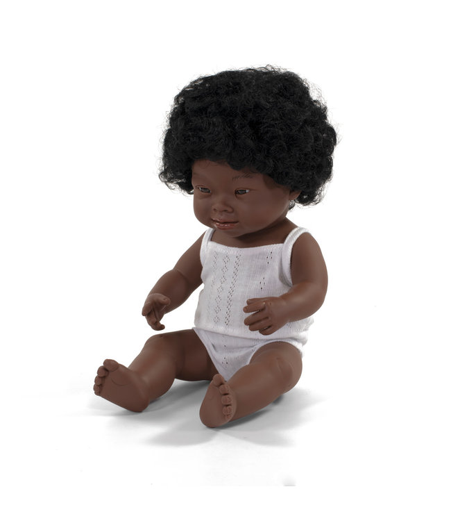 Miniland Miniland - POP AFRIKAANS MEISJE met DOWN SYNDROOM 38cm, met vanillegeur,  waterdicht, anatomisch correct, in vinyl, in geschenkdoos. Made in Spain