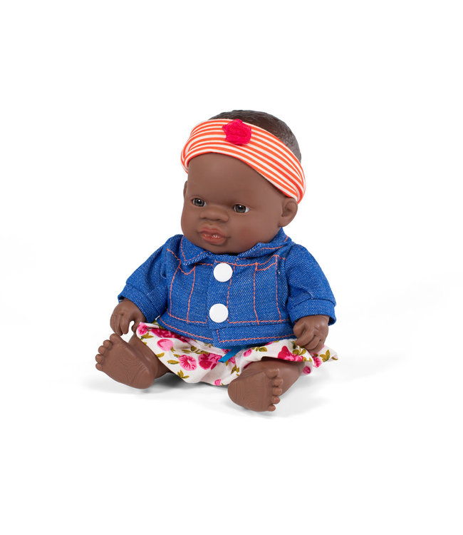Miniland Miniland - BABYPOP AFRIKAANS MEISJE met KLEERTJES 21cm, met vanillegeur, waterdicht, anatomisch correct, in vinyl, in geschenkdoos. Made in Spain,
