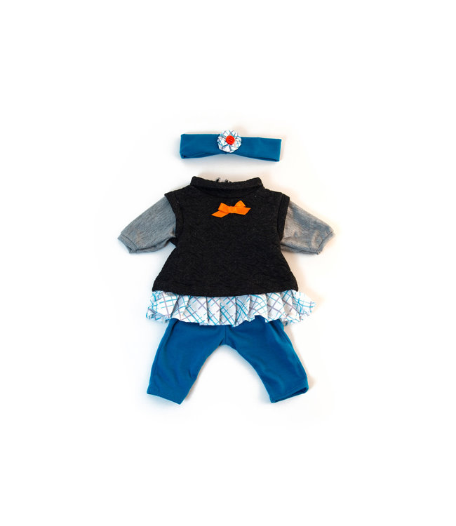 Miniland Miniland - KLEDIJ SET voor pop  grijs voor meisje 38-40cm, 3-delig, broek, kleed, en  haarlint, in plastic zakje met kleerhanger, 3+